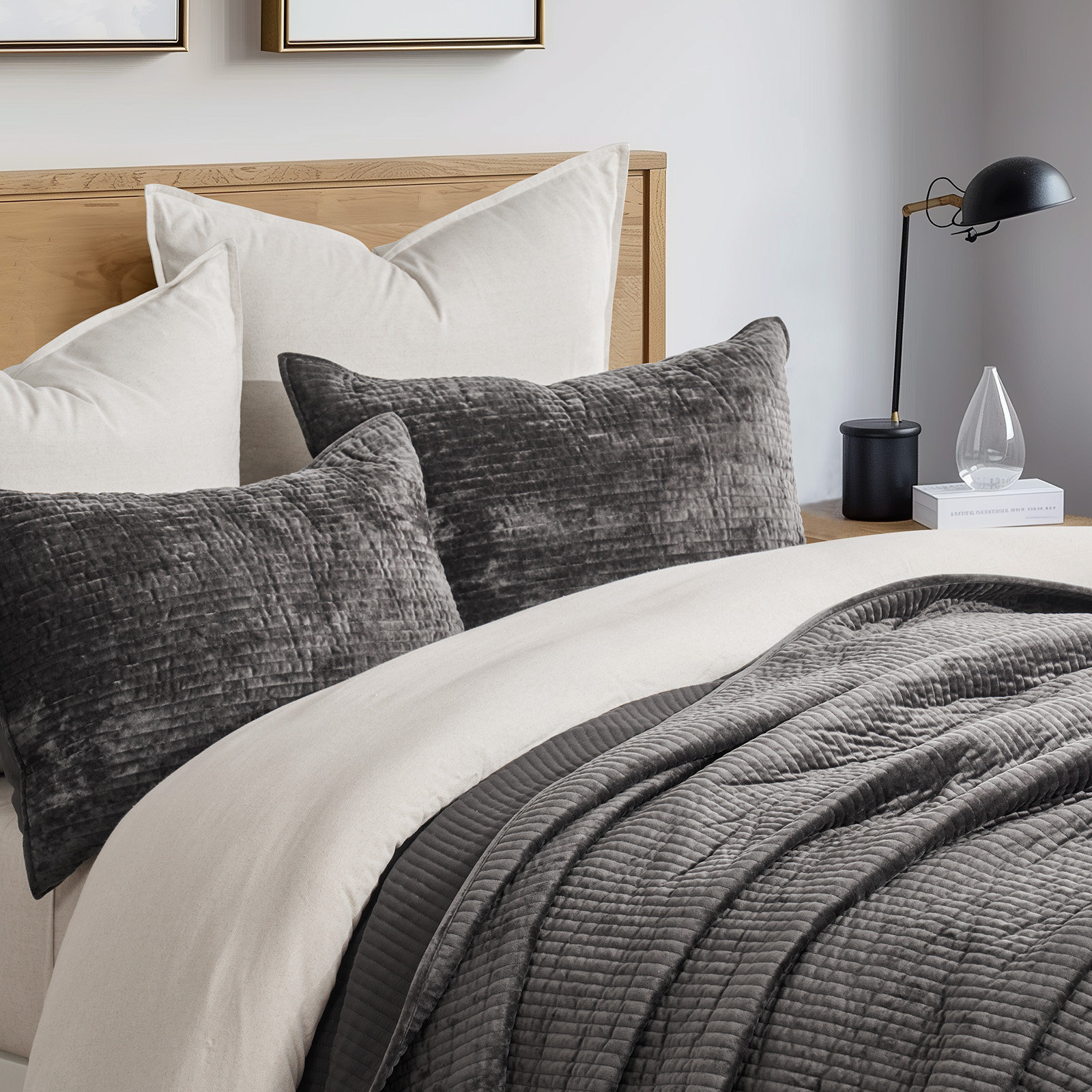 Striped Channel Velvet Quilt Set, Washed Black, King