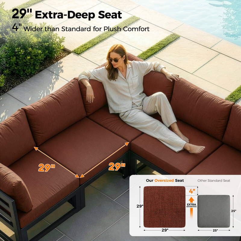 9-Piece 8-Person Outdoor Patio All-Aluminum Sectional Conversation Set with 60,000 BTU Fire Pit Table and Cushions, Burgundy