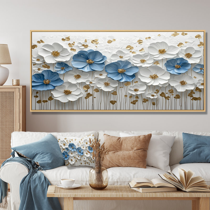 Ikramudeen Widlflowers, bleu blanc, fleurs crémeuses dans la nature II - fleurs sauvages, art mural, H 28 po x l 60 po