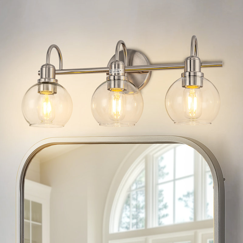 20 In. 3-Light Industrial 3-Light Bathroom Vanity Light With Clear Glass Globe Shades Bathroom, Brushed Nickel