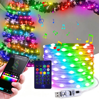 33 lumières de guirlande de 33 lumières à DEL changeantes de couleurs intelligentes avec télécommande, imperméable à l'eau, lumières scintillantes pour l'intérieur et l'extérieur, synchro de musique, modes et couleurs multiples, minuterie pour décoration d'arbre de Noël