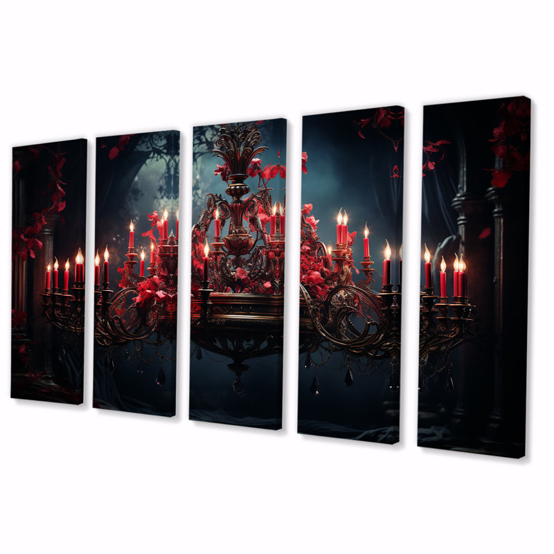 «Red Gothic Chandelier Grace», ensemble d'art mural 5 pièces, H 28 po x l 60 po