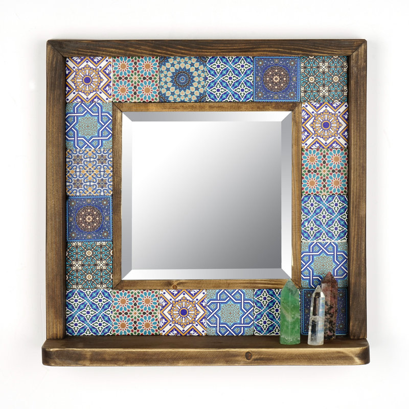 Miroir rustique abstrait avec cadre 100% bois de pin, 12,6 x 12,6 x 0,1 pouces | Travertin naturel et accents calcaires | Peinture protectrice pour bois à base d'eau | Comprend un miroir en verre et 5 crochets de suspension | Parfait pour le décor du Sud-Ouest
