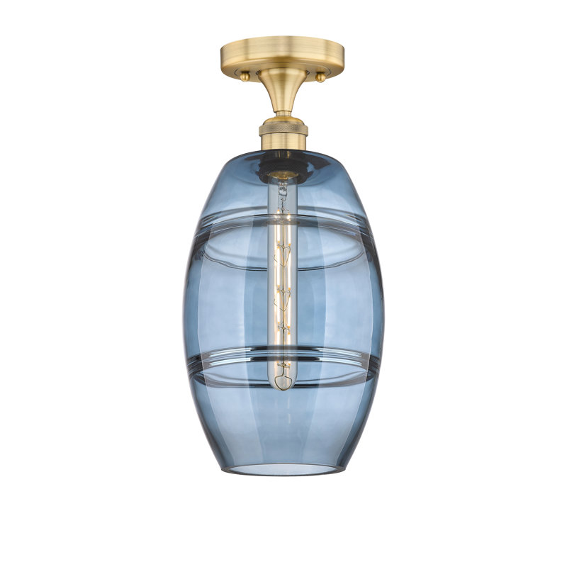 Plafonnier semi-encastré 1 lumière Edison - Abiagael, Bleu princesse, Laiton brossé, H 10 po x l 8 po x P 8 po