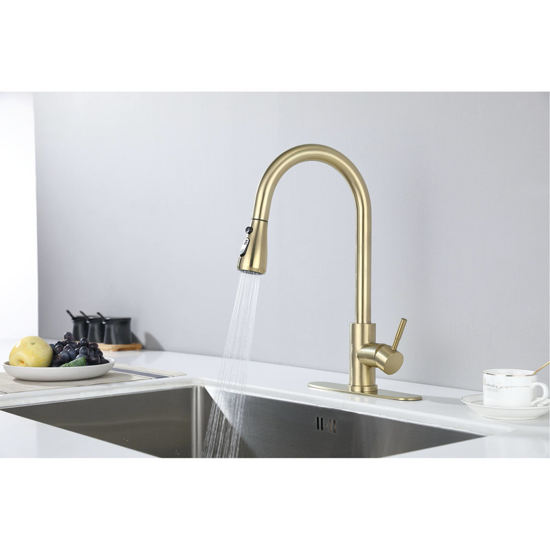 Brushed Gold Pull-Out Spray Kitchen Faucet, Stainless Steel Configuration, 360 Rotatable Nozzle, Corrosion & Rust Aspect