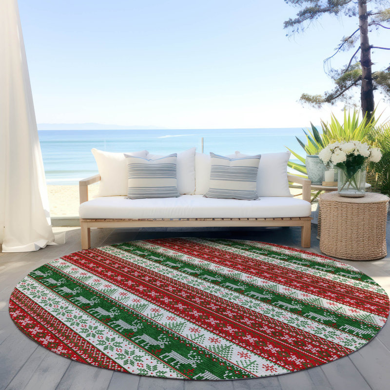 Tapis rouge renne de Noël intérieur / extérieur lavable à la machine, Rond 8 pi