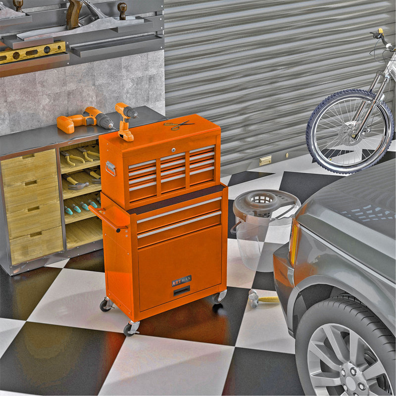 Coffre à outils roulant à grande capacité avec roulettes et tiroirs, armoire de rangement pour outils à 8 tiroirs - Orange