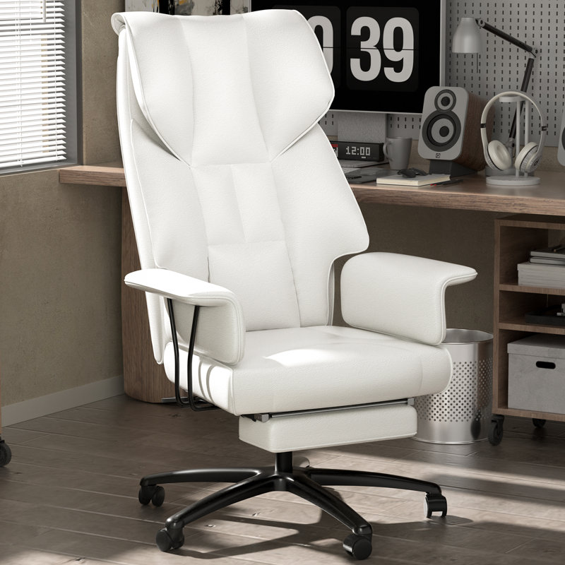 Executive Office Chair Home Pu Leather Computer Desk Chair with Soft Armrest, White