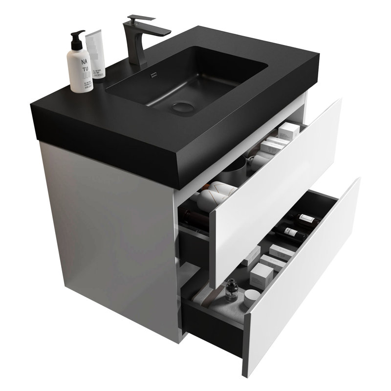 36" Bathroom Sink Vanity - White Wall Mounted Modern Charismatic Design, Large Storage, Silent Drawers Matte, Black Basin, And Seamless Design