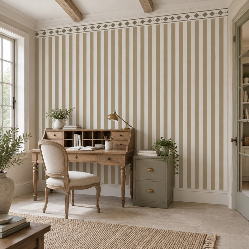 Diamond Trellis Stripes Wallpaper Neutral Border Wall Mural, 120"x96", Textured Non-Pasted