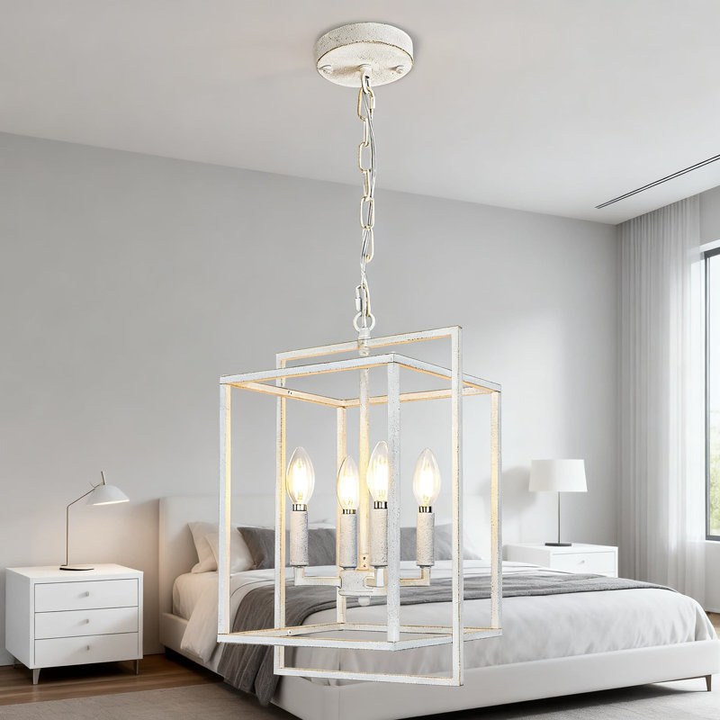 Luminaire de lustre de style campagnard, lanterne suspendue réglable en métal blanc rétro pour escalier de l'îlot de cuisine de la salle à manger