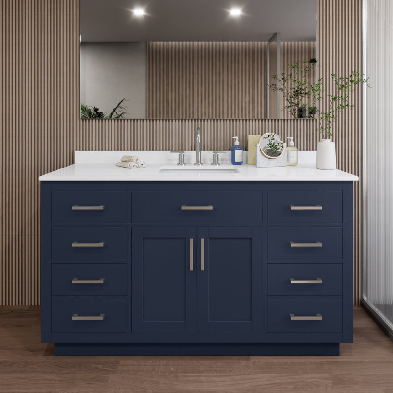Beckett TK 60'' Single Bathroom Vanity with Quartz Top, 8" Center, Brushed Nickel, Blue