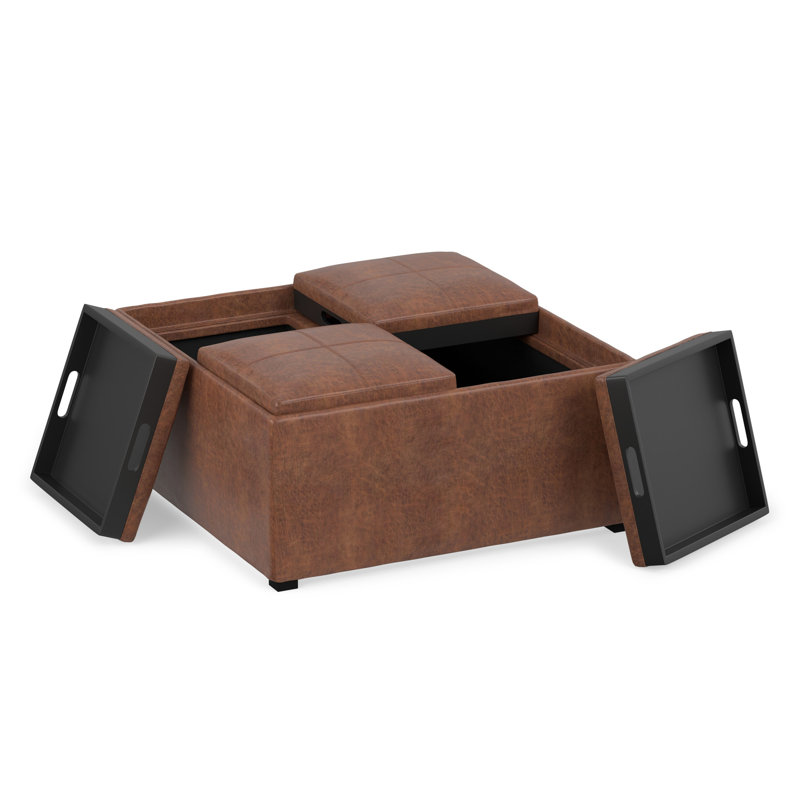 Avalon 35"W Upholstered Distressed Vegan Leather Modern Square Coffee Table Storage Ottoman with 4 Trays, Black