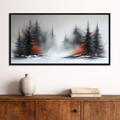«Black Orange» et «Whiteout Winter» à motif de pins blancs - impressions sereines encadrées, décoration murale Moody