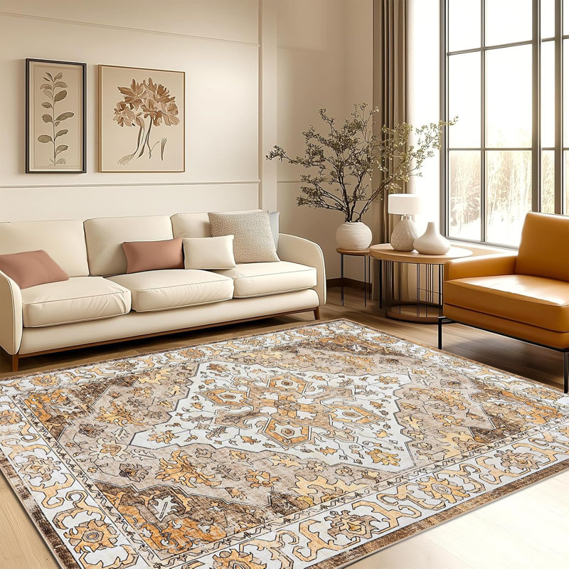 Entryway Rug, Washable Vintage Low Pile Stain-Resistant, Non-Slip Soft Thin Carpet for Kitchen, Bedroom, Bathroom