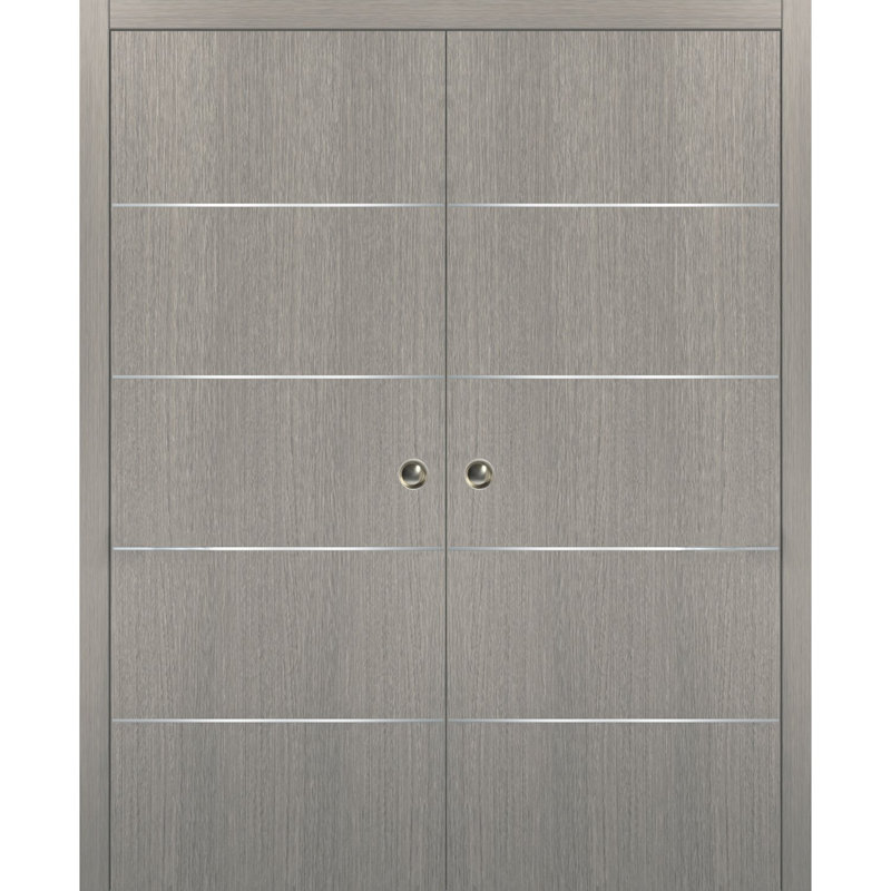 Portes coulissantes doubles modernes Planum 0020 en chêne gris, trousse de garnitures, quincaillerie, bois massif, pour chambre à coucher, placard, porte robuste 48 po x 84 po (2 x 24 x 84 po)