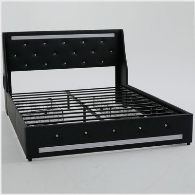Structure de lit double avec tête de lit tapissier à oreilles Diamond et 2 tiroirs de rangement, lumières DEL et station de charge, support à lattes en métal, silencieux, assemblage facile, aucun sommier tapissier requis, noir