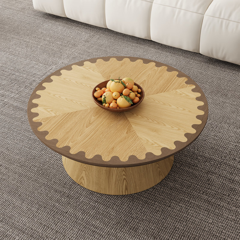 35" Round Scalloped Edge Coffee Table, Wood Coffee Table With Sturdy Wood Base, Compact Center Table For Modern Living Spaces