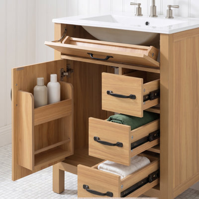 Meuble-lavabo moderne avec lavabo en céramique, caisson en MDF avec pieds en bois massif, charnières et tiroirs à fermeture amortie, tiroir rabattable