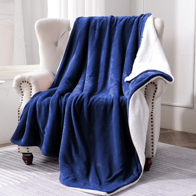 Sanborn Soft Reversible Sherpa Fleece Fur Thick Blanket Throw, 150cm x 200cm, Navy Blue