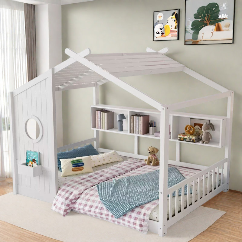Lit sur pied avec tablettes de rangement, Double, Blanc / Blanc