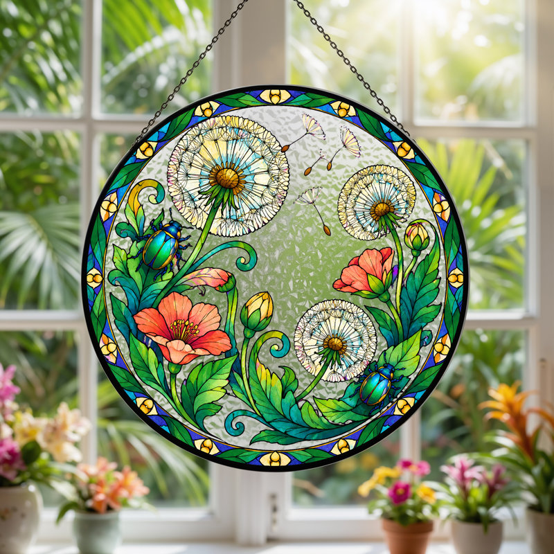 Art mural sur toile Stand Glass Dandelions and Beetles, H 7,8 po