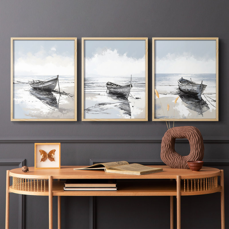 Série Sea and Shore CXV III - Ensemble de 3 estampes numériques encadrées - Prêt à être accroché, Encadré naturel