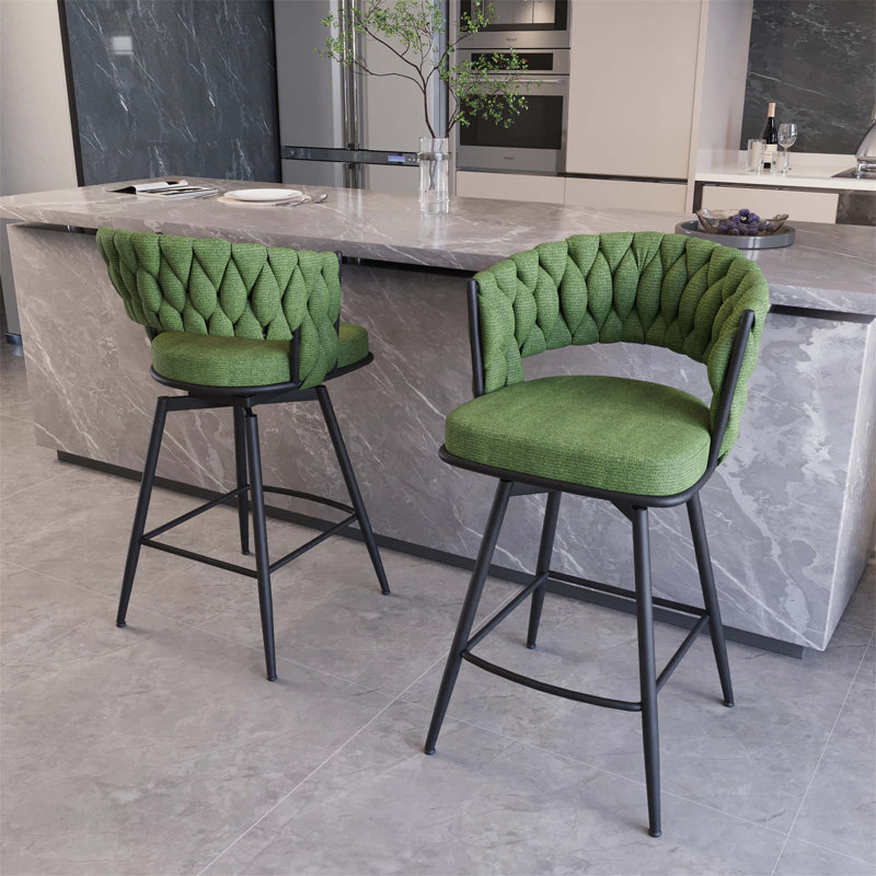 Linen Woven Bar Stool Set Ideal for Various Settings with 360 Swivel and Comfortable Upholstery, Set of Two