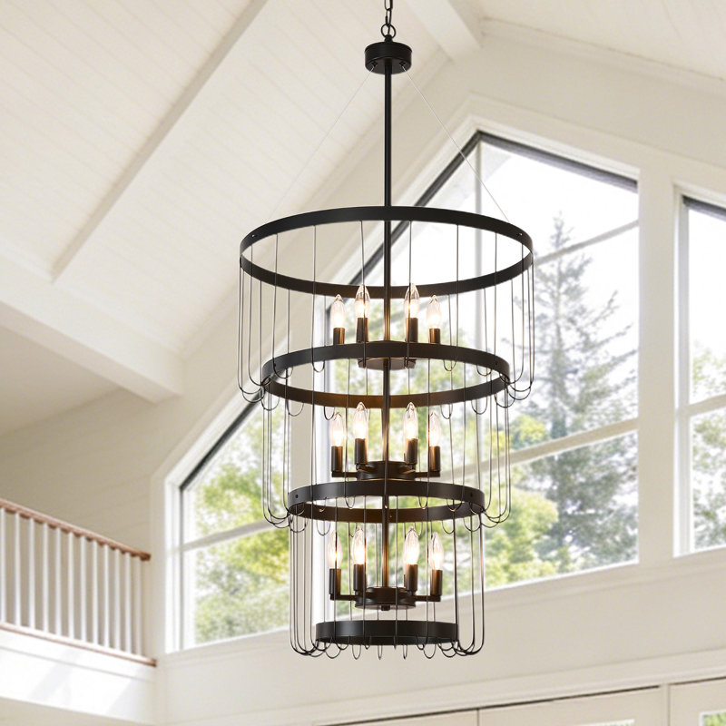 Large Black Metal Cage Chandelier, 12 Light Lantern Tiered Industrial Pendant Light Fixtures,3-tier Modern Farmhouse Foyer Lighting Fixtures For High Ceilings Entryway Dining Room Living Room