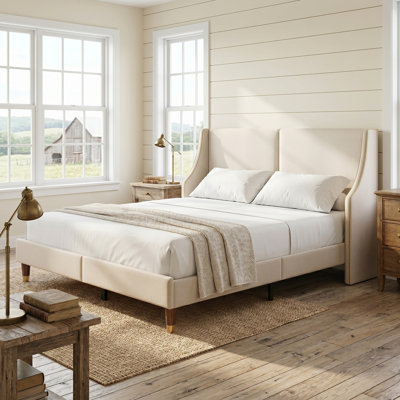 Melaya Elegant Wingback Upholstered Platform Bed Frame – Luxurious Design with Gold Piping, Sturdy Support, and Easy Assembly