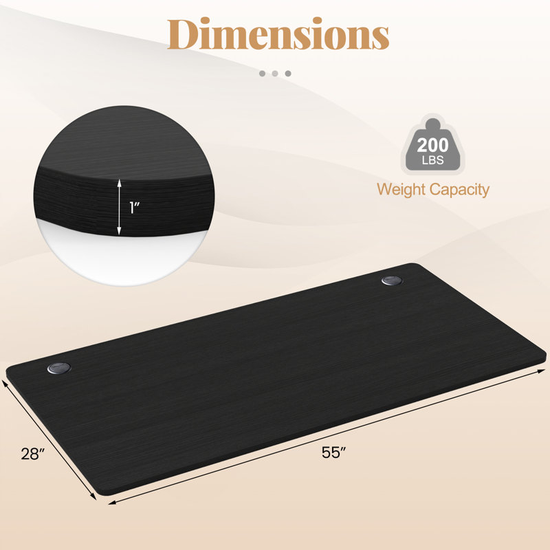 Palmira 1'' H Desk Table Top, 1" H x 55" W x 28" D, Black