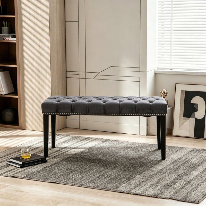 Upholstered Tufted Bench Ottoman , Velvet Dining Bench Bedroom Bench Footrest Stool Accent Bench, Dark Gray