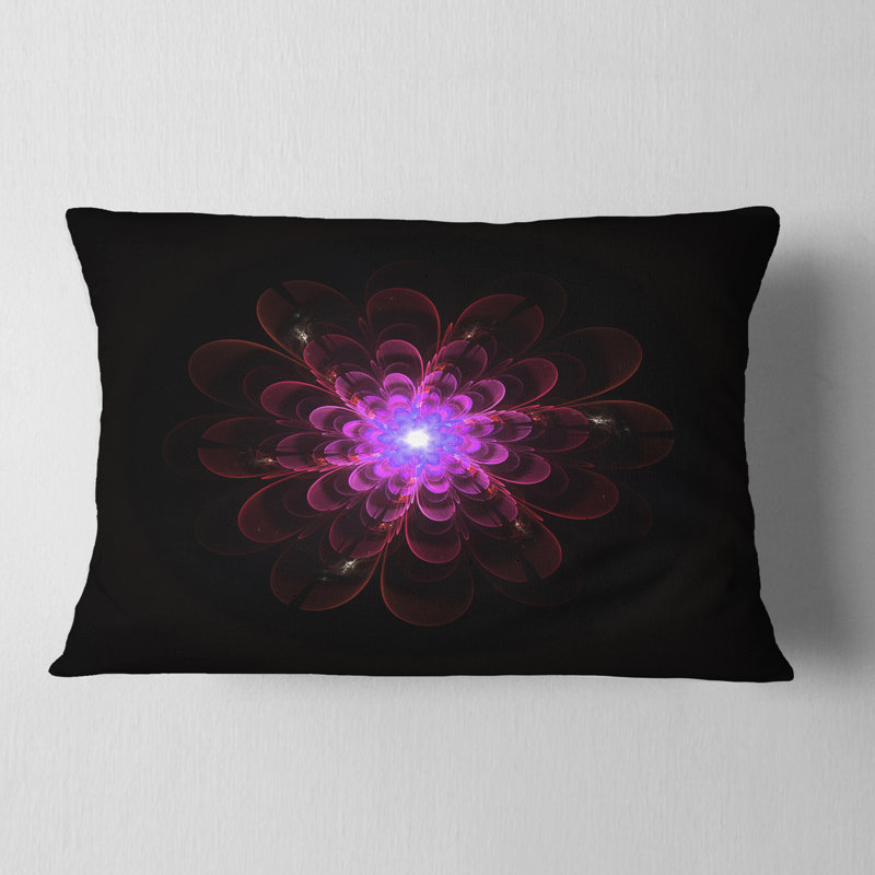 Glow Fractal Flower Pink on Black - coussin à imprimé floral