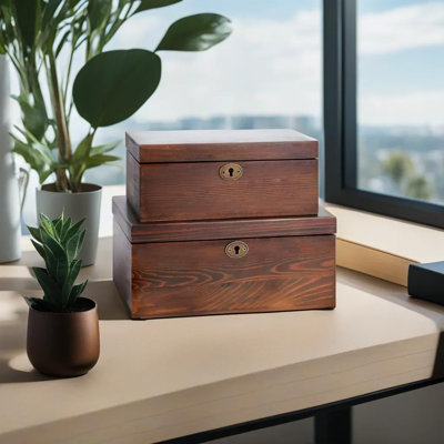 Wooden Box With Hinged Lid - 2 Pack - Vintage Decorative & Lockable Chest - For Keepsakes, Valuables, Accessories, Treasured Items - Walnut-Like Wood Finish, Aged Brass Hinges & Antique Lock