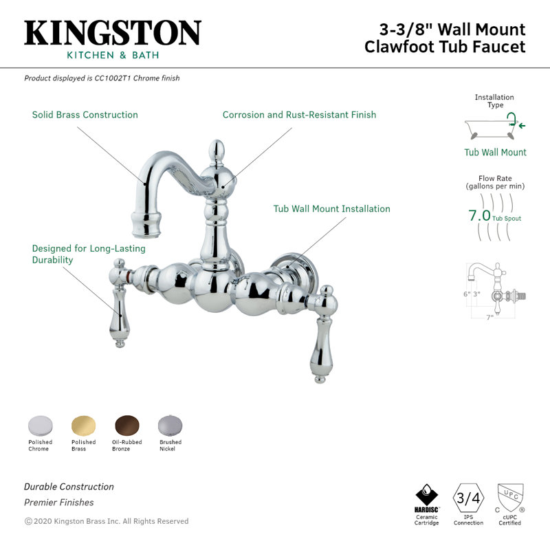 Kingston Brass Vintage Two-Handle 2-Hole Tub Wall Mount Clawfoot Tub Faucet, Oil Rubbed Bronze