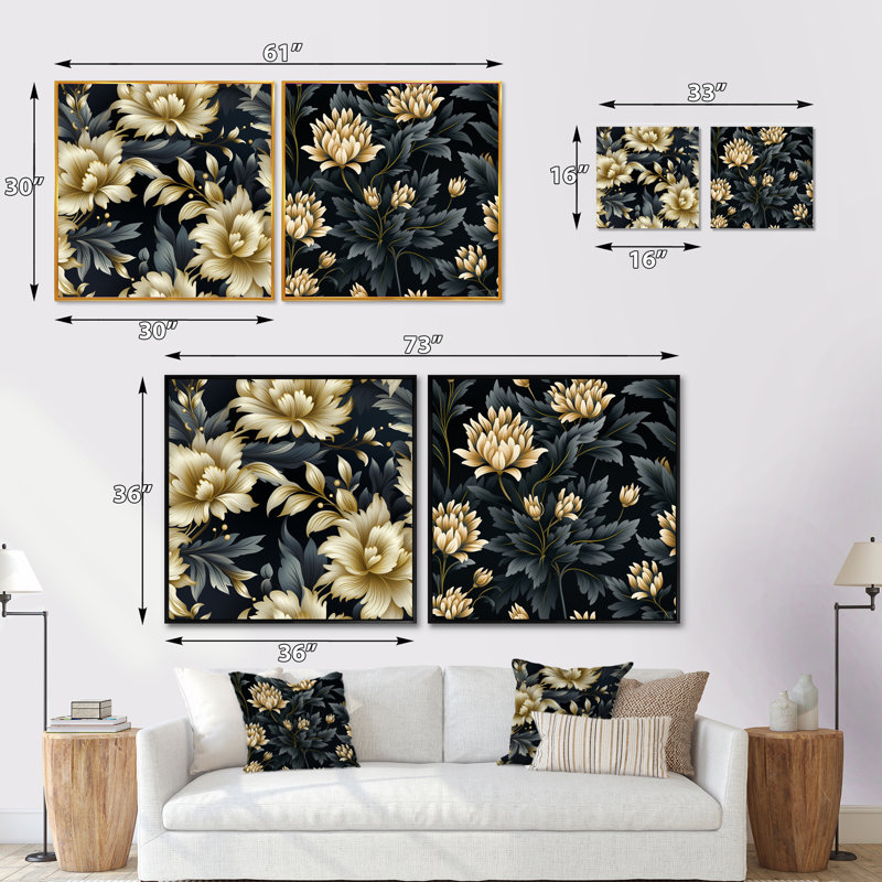 Joana - Ensemble de 2 collages carrés botaniques abstraits, Cadre flottant noir, H 30 po x l 61 po
