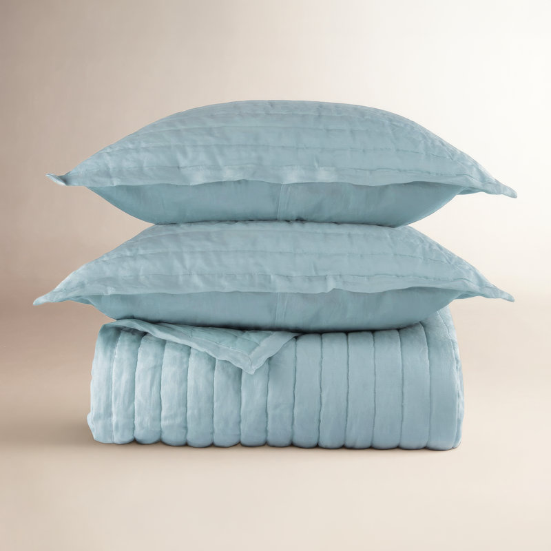 French Linen Channel Stitch Quilt & Sham Set - King/Cal King - Matcha, Wave, Queen Quilt + 2 Standard Shams