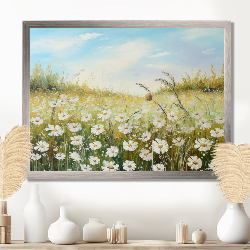 Champ de fleurs marguerites au soleil, H 30 po x l 40 po x P 1,5 po, Cadre simple argenté
