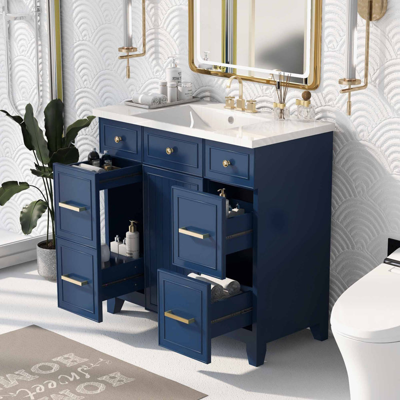 36'' Single Bathroom Vanity With Top, Gold, Navy Blue