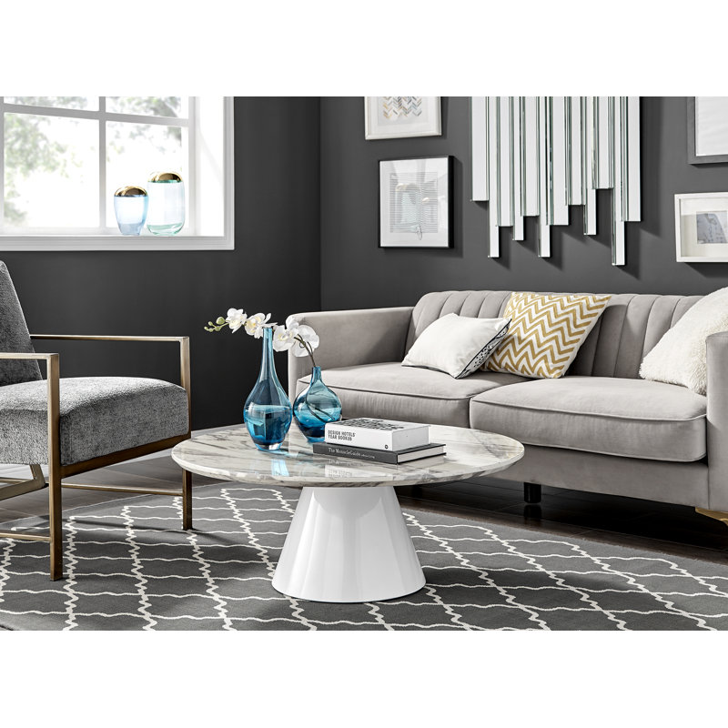 Edzard Statement Pedestal Coffee Table - Luxury Living Room Centre Table, Grey Marble Top / White Base