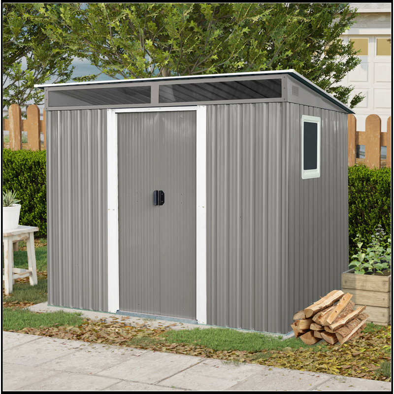 Outdoor Metal Storage Shed With Window And Transparent Plate For Garden, Lawn, Gray, 77.25" H x 93.75" W x 68.5" D