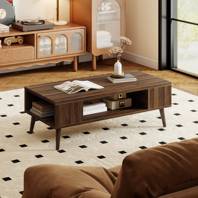  Table de centre rectangulaire de 42 po avec compartiment ouvert et 2 tablettes de rangement latérales en noyer