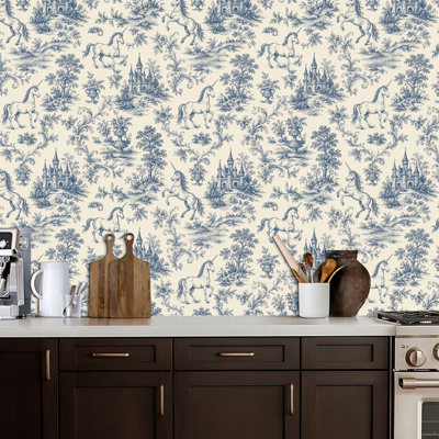Peel and Stick Wallpaper Contact Paper Vintage Blue Toile Fairy Tale Self Adhesive and Removable 24in x 118in(60x300cm)