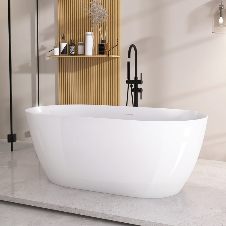 59” L X 30” W Freestanding Contemporary Soaking Acrylic Bathtub with Overflow and Drain
