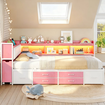 Upholstered Convertible Daybed Twin with Storage Pull-out Cabinet Bookcase & L-Shaped Headboard Under-Bed Drawers Metal Platform Bed