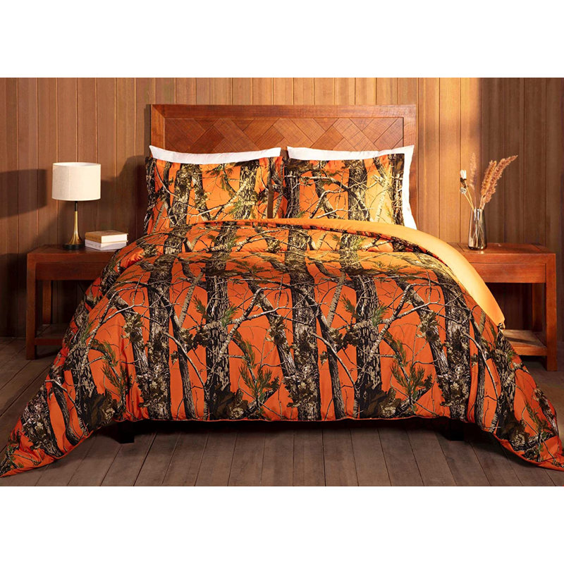 Nature Forest Woods Camouflage Comforter Set Cabin Lodge Bedding Set, Queen Comforter  + 2 Standard Shams, Orange
