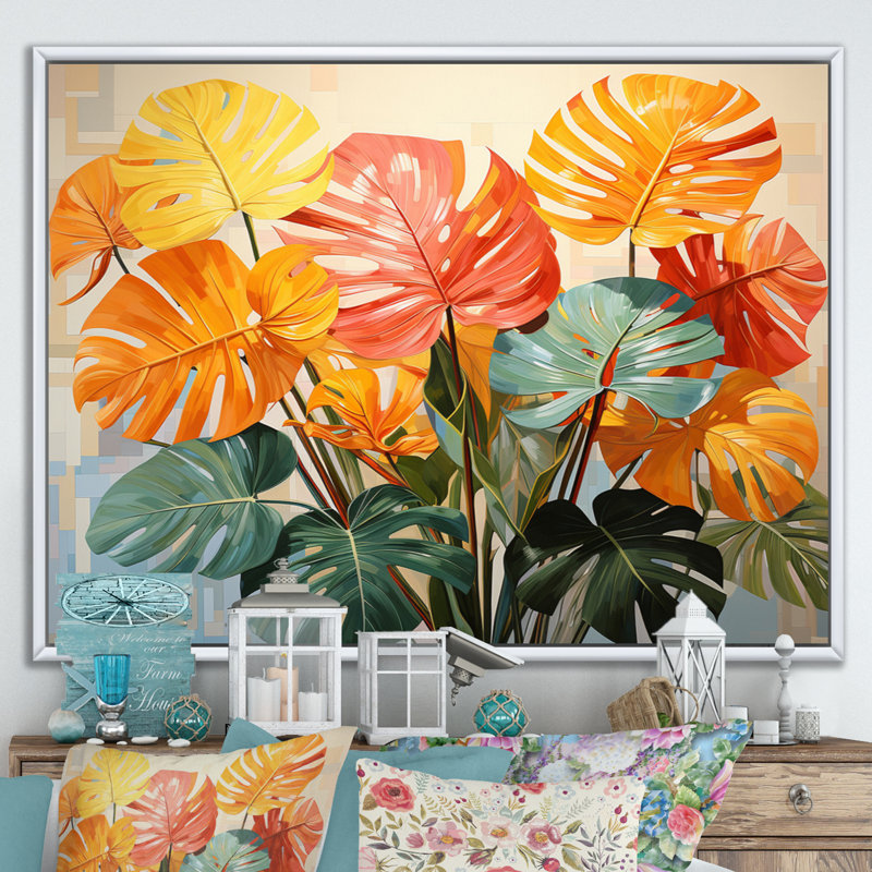 «Orange Green Tropical Plants I» sur toile, H 34 po x l 44 po x P 1,5 po, Cadre flottant blanc