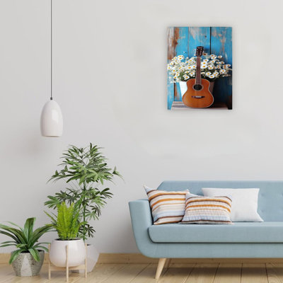 «Blue Farmhouse Daisy Guitare», art mural sur toile de qualité supérieure 24 po x 18 po