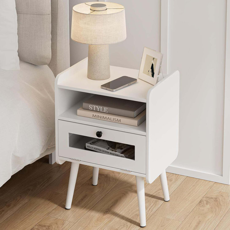 Night Stand, Modern Side Table Nightstand Bedside Table With Storage Drawer And Open Wood Shelf,Small End Side Table With Front Clear Drawer For Bedroom,Living Room,White Without Outlet