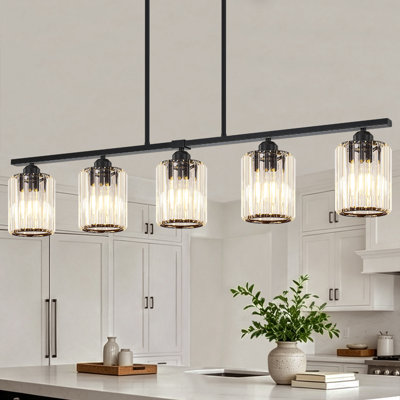 5-Light Modern Crystal Kitchen Island Lighting, Black Dining Room Light Fixtures Over Table Adjustable Hanging Pendant Lights Linear Chandelier